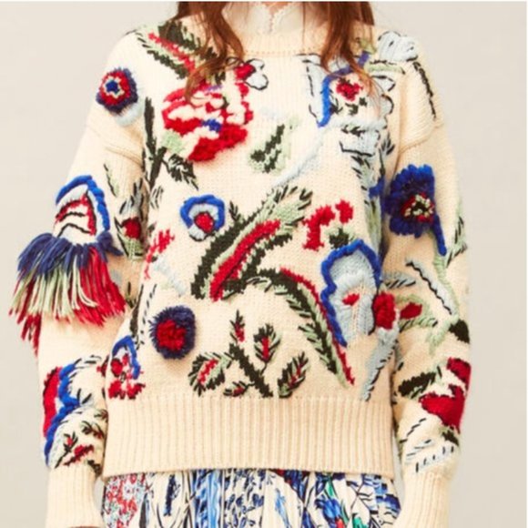 Tory Burch Hand Knit Intarsia Embroidered Alpaca Wool Sweater - Picture 1 of 16